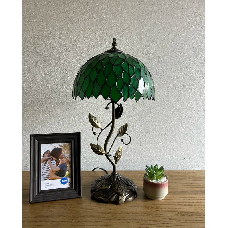 Bloomsbury Market Dejean Tiffany Table Lamp Green Leaves Stained Glass Included LED Bulb 20"H*10"W*10"D