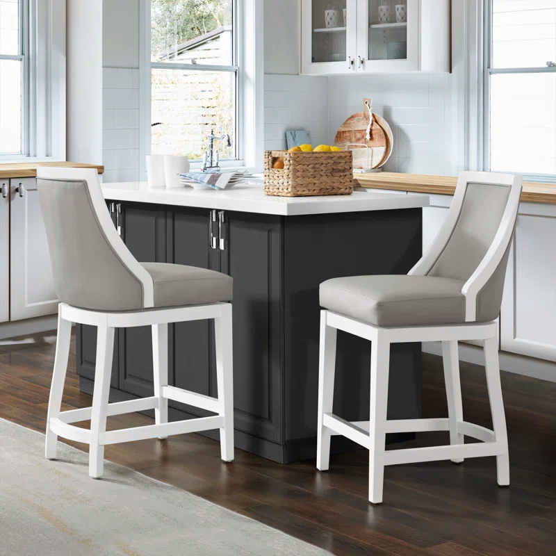 Alaterre Ellie 19" Wide Solid Rubber Wood Frame Linen Fabric Counter Height Swivel Stool With Back