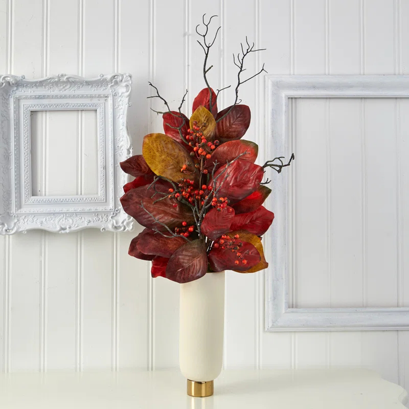 Primrue 38'' Faux Magnolia Plant in Ceramic Vase