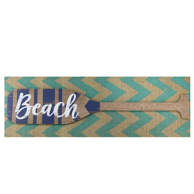 Northlight Seasonal Aqua Blue Chevron Burlap with “Beach" Wood Look Oar Linen Wall Art 24"