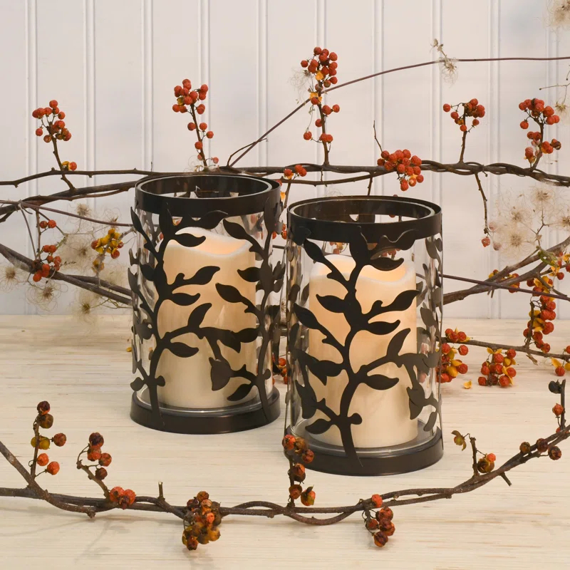 The Holiday Aisle® Black Vine Hurricanes with LED Candles (Set of 2)