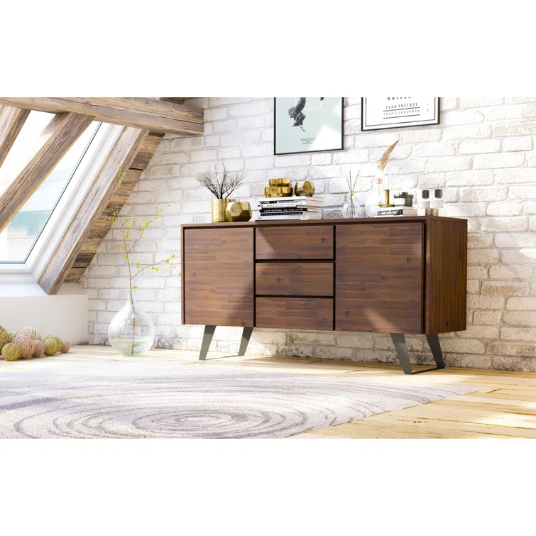 Simpli Home Lowry 60"W Solid Wood Modern Industrial 2-Door Sideboard Buffet with 3 Center Drawers