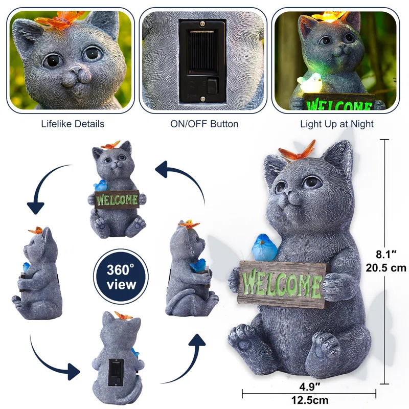 Trinx Solar Cat Figurine Garden Statues : Outside Welcome Cat Statue With Butterfly For Garden Decor And Yard Decorations - Unique Gifts