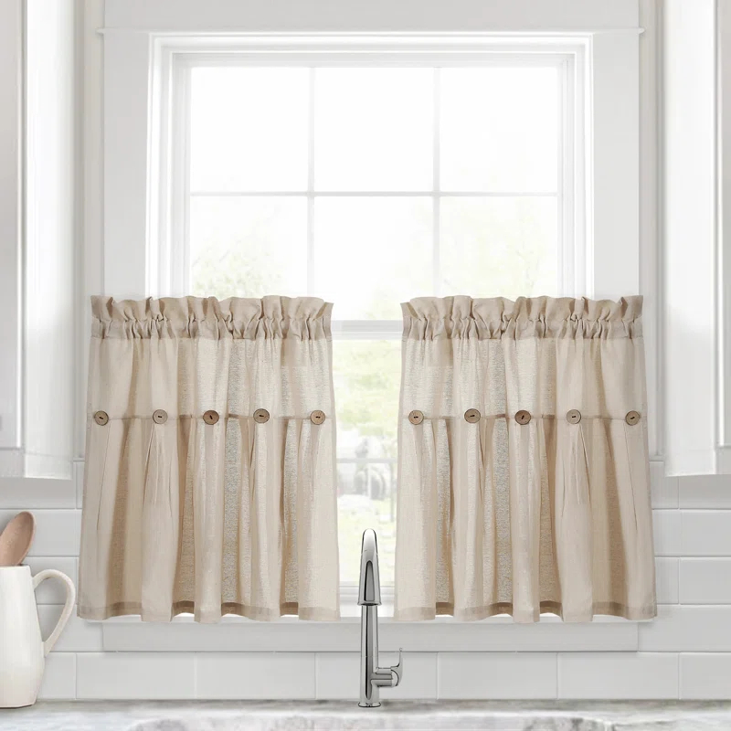 Lush Decor Linen Button Cotton Blend Tailored 29'' W Cafe Curtain (Set of 2)
