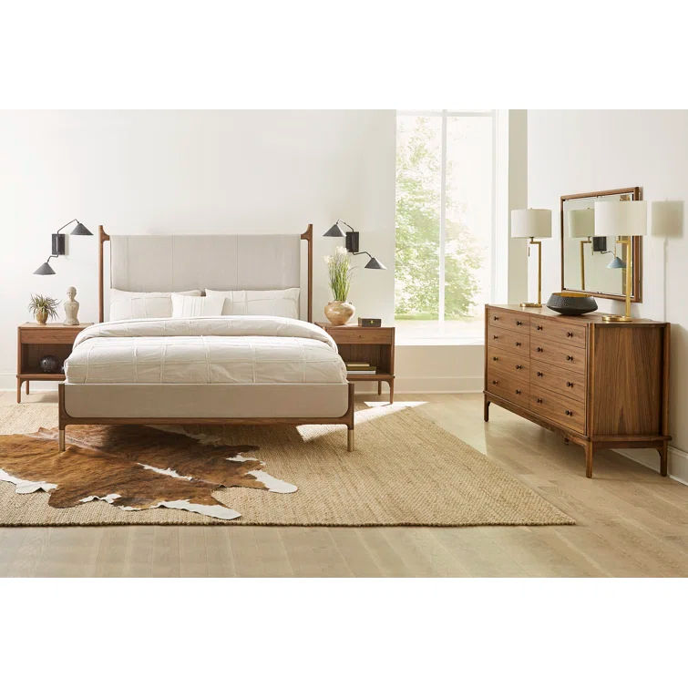 King Walnut and Beige Upholstered Wood Bed with Headboard