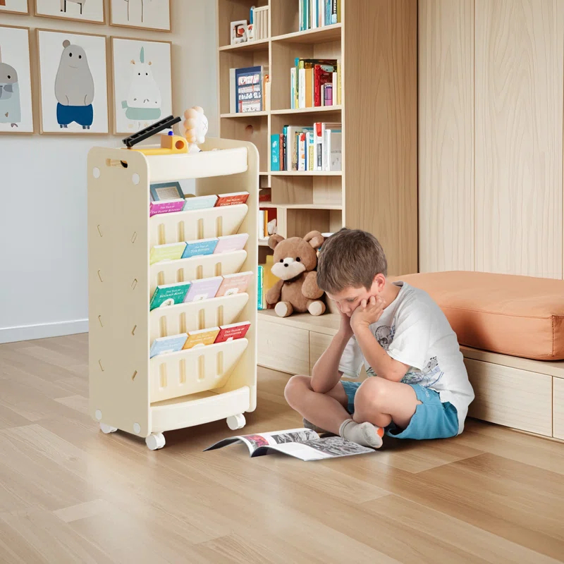 hoopyosms 6-Tier Double-Sided Kids Bookshelf With Wheels, Slanted Shelves & HDPE Material - Beige, Mobile Book Storage For Bedroom Or Playroom