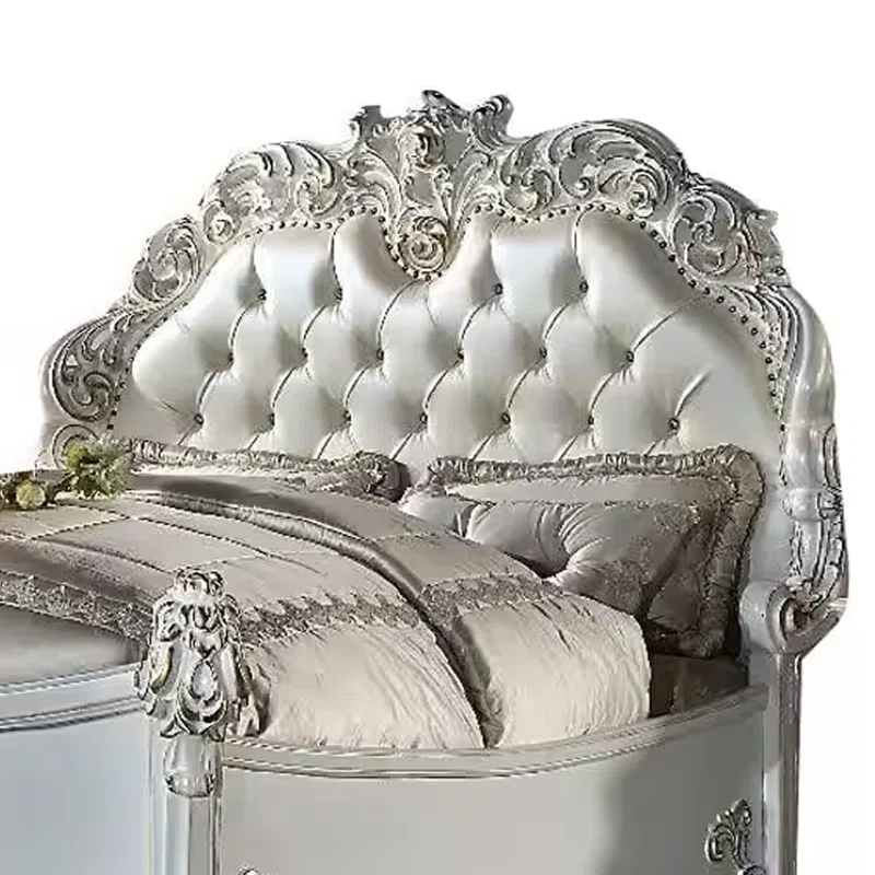 Benjara Antoine Bed, White Faux Leather Victorian Carved, Antique White