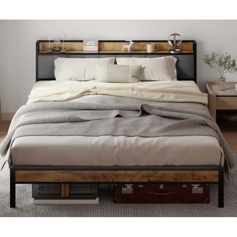 17 Stories Kewarra Platform, Metal Bed Frame with Storage Headboard, Sturdy and Stable