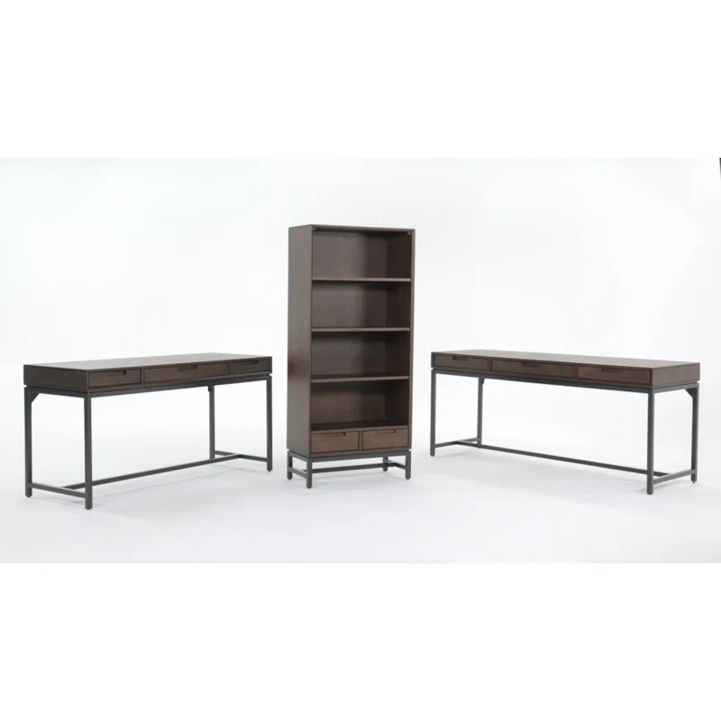 Banting 30"W Solid Wood 4 Shelf Industrial Bookcase with 2 Drawers, Adjustable Shelves, and Metal Base