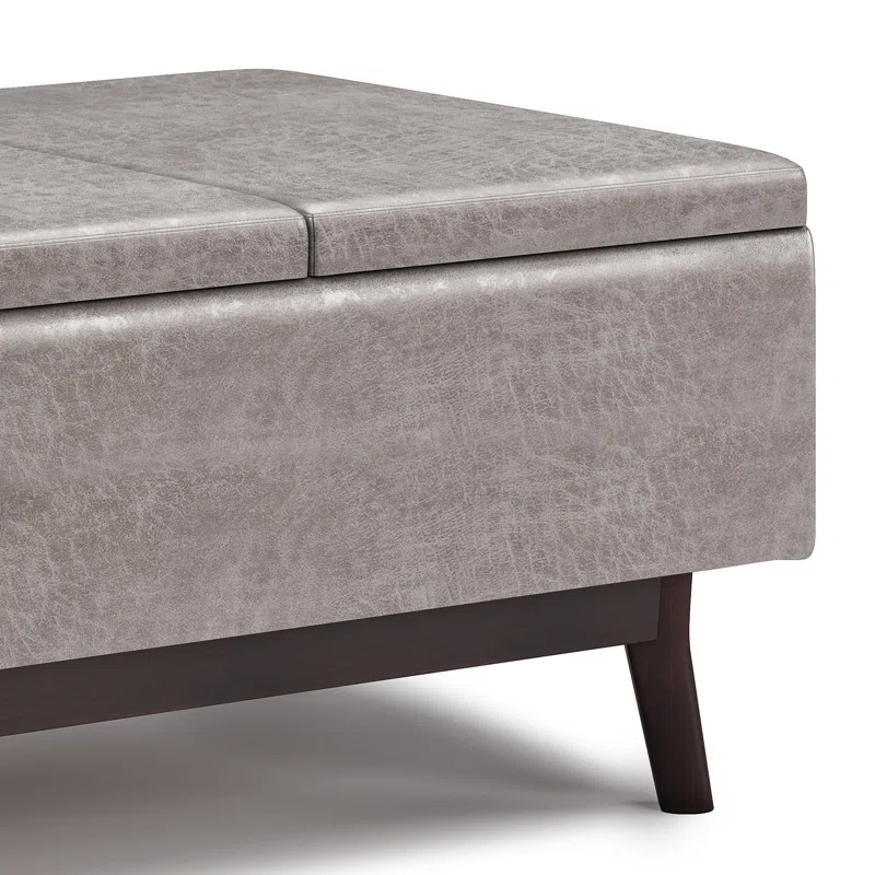 Simpli Home Owen 34"W Small Upholstered Coffee Table Storage Ottoman with Flip-Over Tray Top and Solid Wood Legs