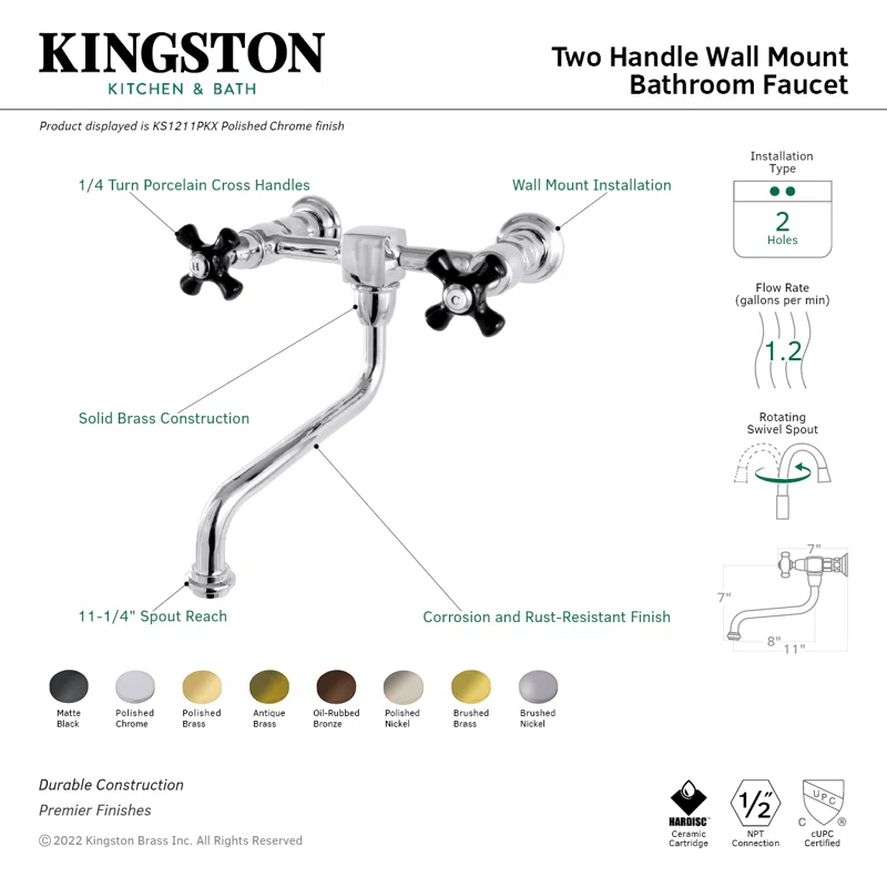 Kingston Brass Duchess Two-Handle 2-Hole Wall Mount Bathroom Faucet