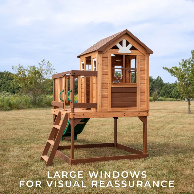 Backyard Discovery Echo Heights Cedar Wooden Elevated Kids Playhouse with Wave Slide, Play Kitchen, and Deck & Reviews | Wayfair
