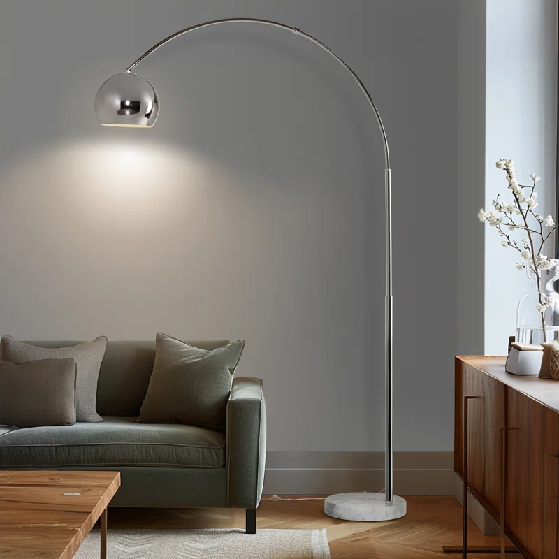 Brightech Olivia 75" Modern Industrial LED Arc Floor Lamp with Silver Chrome Finish, White Marble Base, and Metal Bowl Shade, Bulb Included