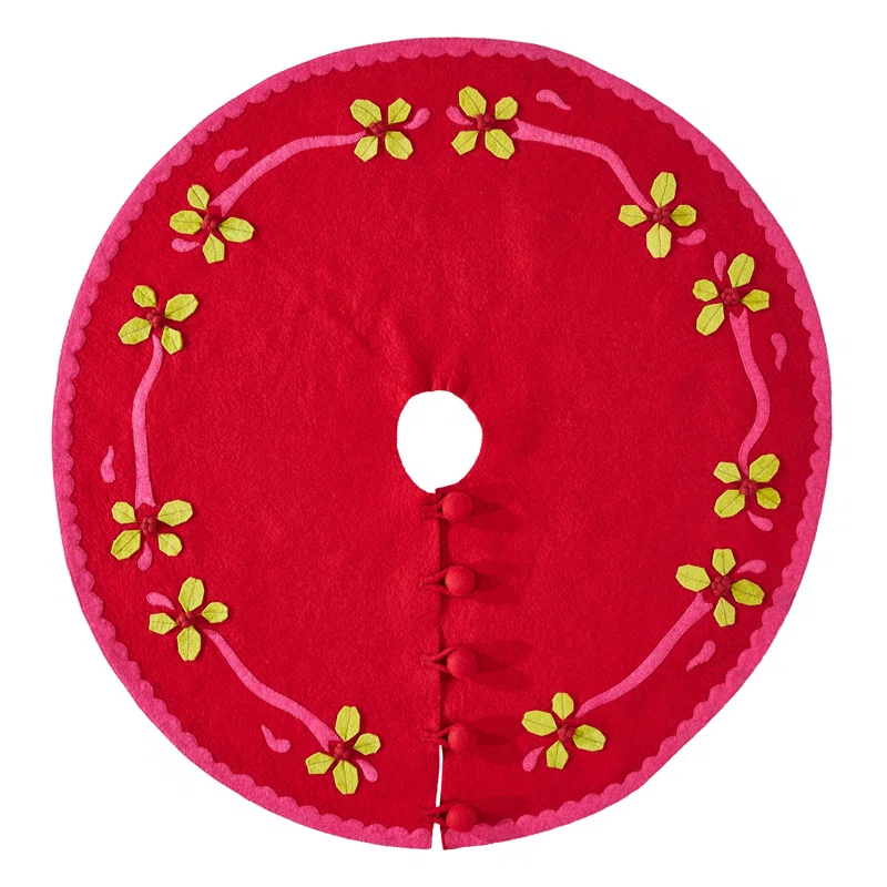 Pink and Red Holly Christmas Tree Skirt- Hand felted Wool-60"