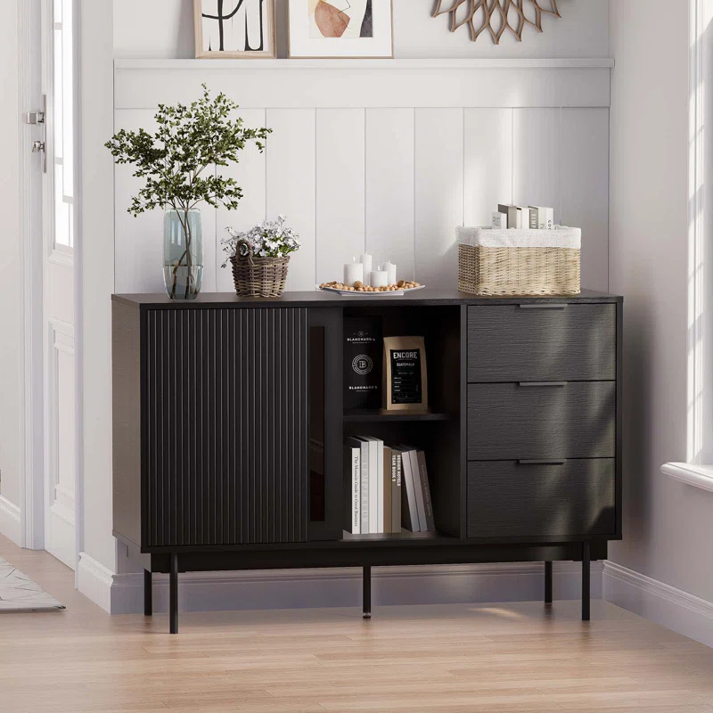 Ebern Designs Ebern Designs Sideboard Anetha, 47" X 31.5" Buffet Anetha With Storage, Black Sideboard With 2 Sliding Doors & 3 Drawers, Wood Coffee Bar Entryway Storage For Living Room