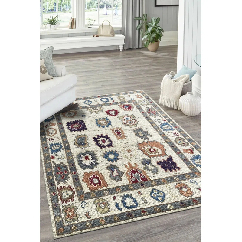 EORC Stylish and Durable Hand Knotted Traditional Oriental Wool Indoor Ivory Rectangle Area Rugs