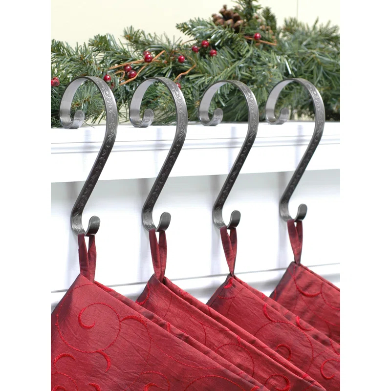Haute Decor Stocking Scrolls Embossed Holly Stocking Holder (Set of 4)
