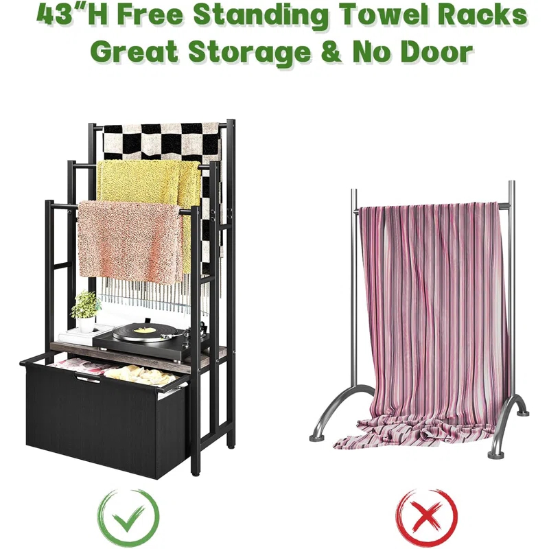Freestanding Towel Rack With Drawers, SDXYSTCE 3 Tiers Standing Blanket Racks For Bedroom, 23.6" L X 11.8" W X 43.3" H, Blanket Holder With Shelf, Upgrade Steady Design,