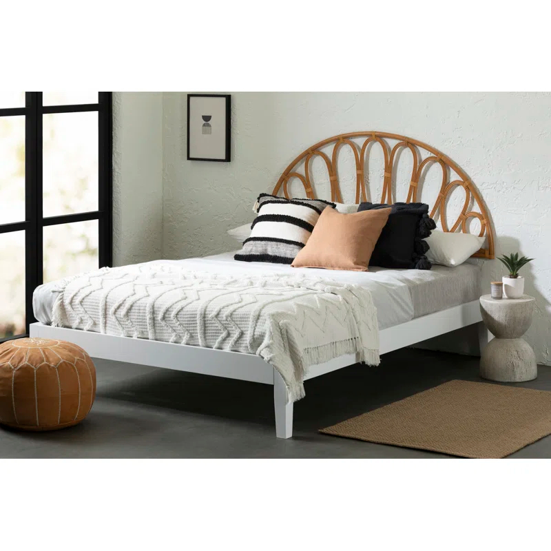 South Shore Hoya Queen Wooden Bed And Rattan Wall-Mounted Flower Petals Headboard Set