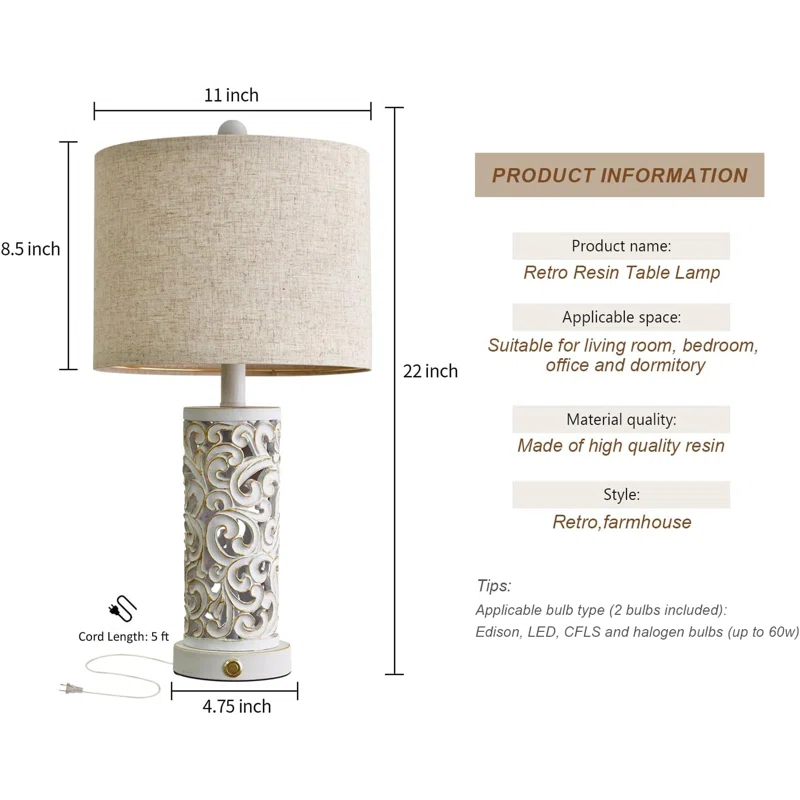 3-Way Dimmable 22'' Table Lamp Set Of 2 For Living Room Bedroom Farmhouse Vintage Retro Bedside Lamps Touch Control With USB Ports Linen Shade For Home Office (Wash, Bulb Included)