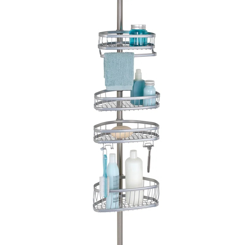 iDesign iDesign York Metal Wire Tension Rod Corner Shower Caddy, Adjustable 5'-9' Pole and Baskets, Silver