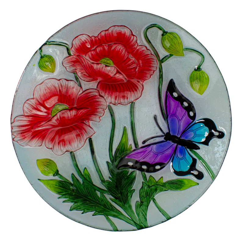 Northlight Seasonal 21" Butterfly and Carnations Hand Painted Glass Outdoor Birdbath