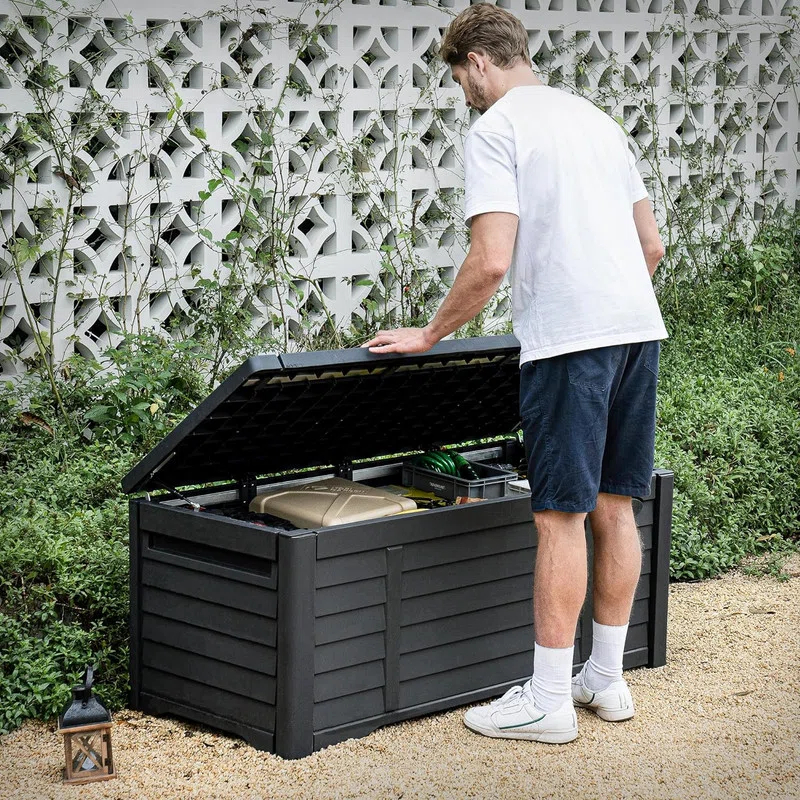 GEMBIK 120 Gallon Large Deck Box Waterproof Outdoor Storage Box, Resin Louvered Patio Storage , Black