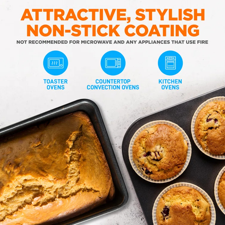 NutriChef 8-Piece Nonstick Stackable Bakeware Set - Pfoa, Pfos, Ptfe Free Baking Tray Set W/ Non-Stick Coating, 450°F Oven Safe, Round Cake, Loaf, Muffin, Wide/Square Pans, Cookie Sheet