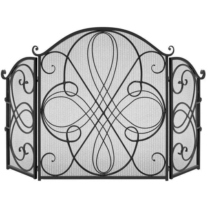 Winston Porter Lissowski 3-Panel 55"x33" Wrought Iron Fireplace Safety Screen Decorative Scroll Spark Guard Cover