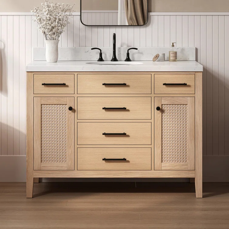 Bayou Breeze Ariel Broeder 48 Inch Bathroom Vanity With Carrara White Quartz Countertop 1.5 Inch Edge In Oak