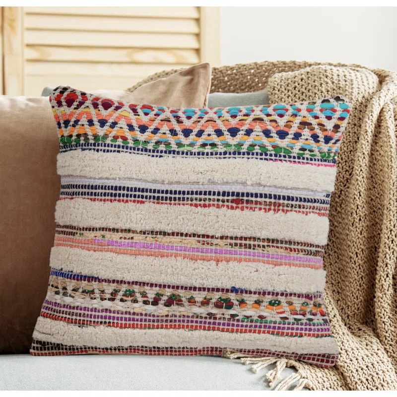 Evette Rios Dahlia Bohemian Multicolor Chevron Striped Chindi Handmade Pillow