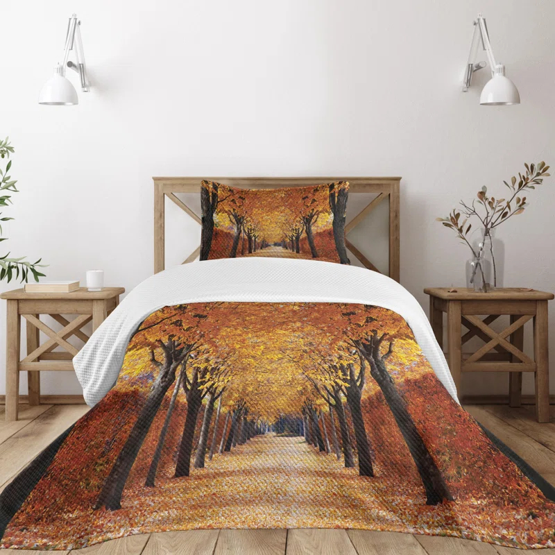 Ambesonne Ambesonne Autumn Bedspread Set Pathway in the Woods Orange Brown