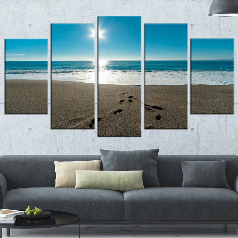 Design Art " Blue Sea And Footprints In Sand " 5 - Pieces