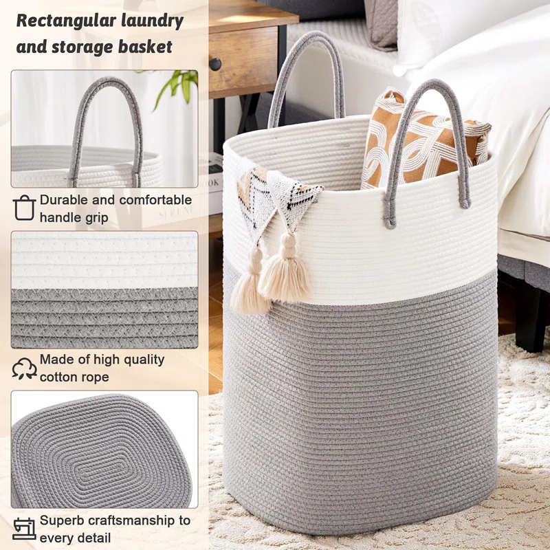 Beachcrest Home™ 60L Cotton Rope Woven Laundry Basket, Multifunctional Storage Sorter For Dirty Clothes In Bathroom And Living Room