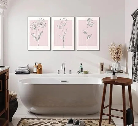 Lark Manor™ 3 Pieces Minimalism Botanical Canvas Wall Art Pink Flowers Line Plants Pictures Wall Decor Posters Print Artwork For Room Living Room Bedroom Bathroom Office Home Decoration