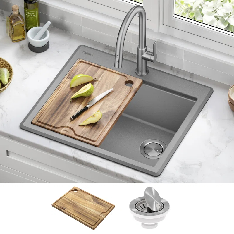 Kraus KGTW12-25MGR KRAUS Bellucci Granite Composite Workstation Drop-In Top Mount Single Bowl Kitchen Sink with Accessories