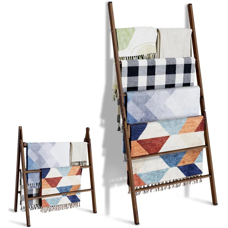 Red Barrel Studio® 6-Tier Wide Double Blanket Ladder Wood, Rustic Decorative Towel Rack For Big Blanket, Towel, Quilt, Clothes, Freestanding Blanket Holder Towel Ladder Decor Stand For Living Room, Bedroom