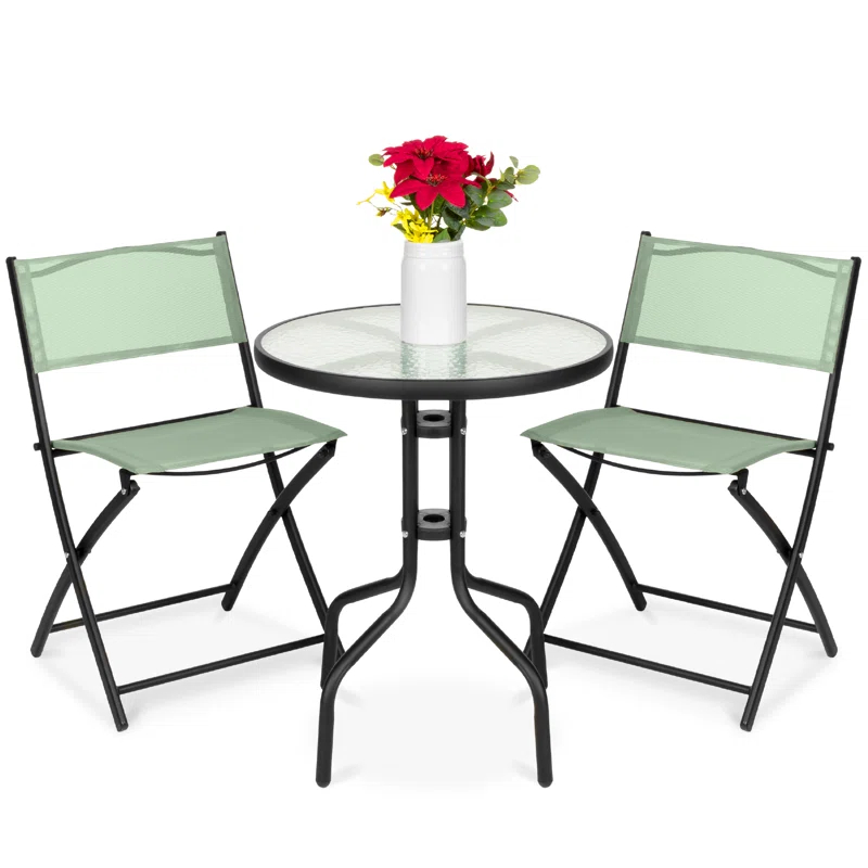 George Oliver 3-Piece Patio Bistro Dining Furniture Set W/ Glass Tabletop, Folding Chairs