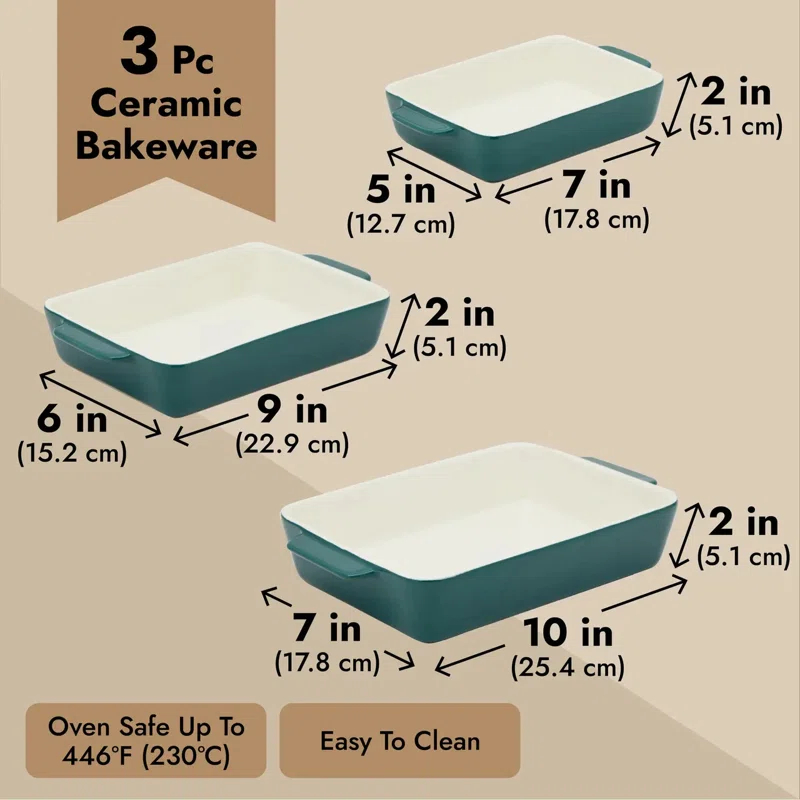 FETLOD 3 Piece Green Casserole Dishes For Oven Use, Baking, Rectangular Ceramic Bakeware Set In Assorted Sizes