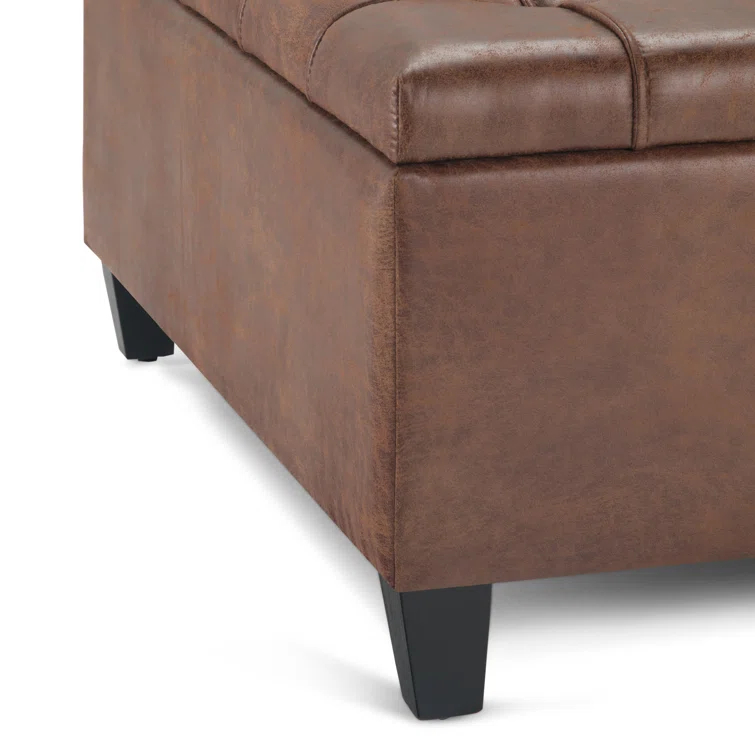 Simpli Home Harrison 36"W Upholstered Square Coffee Table Storage Ottoman with Split Lift Top