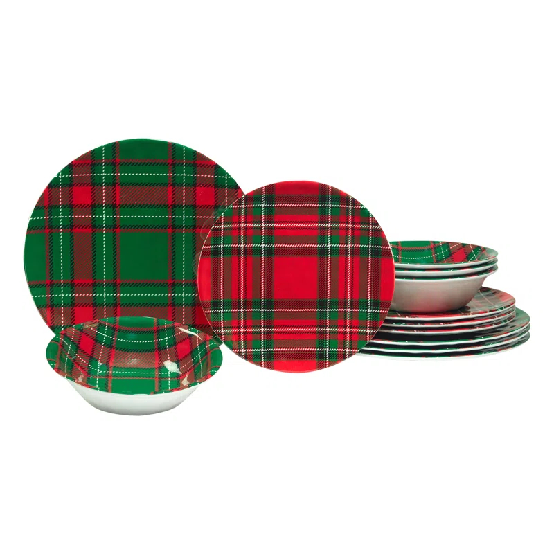 Certified International Christmas Plaid 12 pc Dinnerware Set