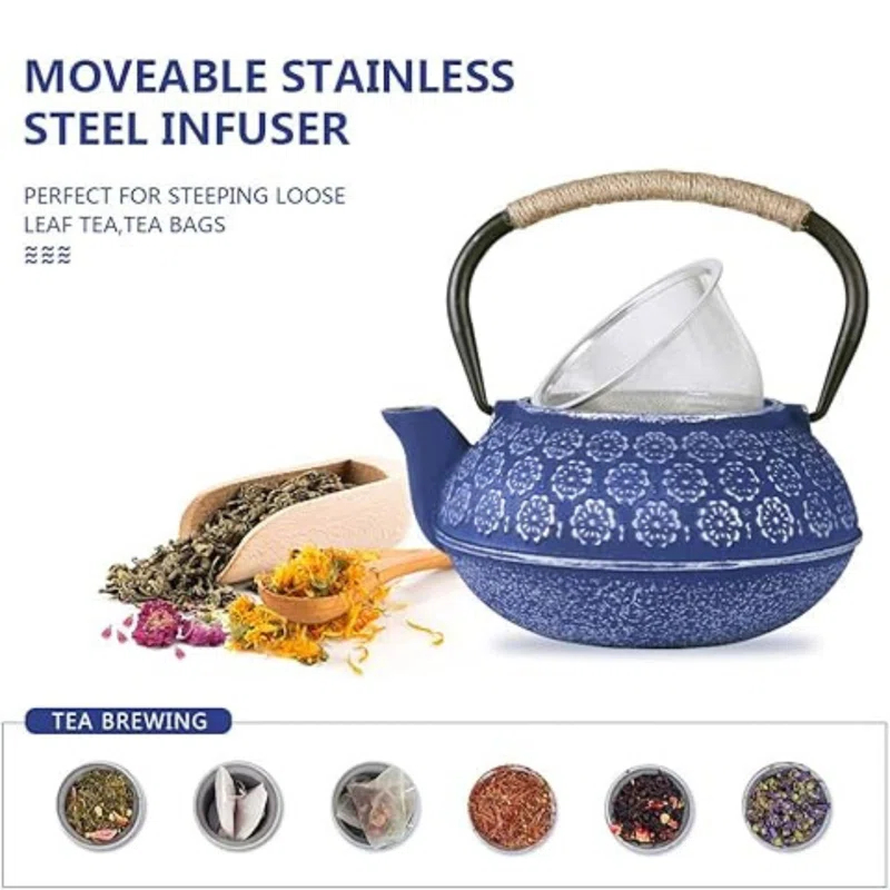 Darby Home Co Blue Floral Japanese Cast Iron Teapot Set with 4 Cups