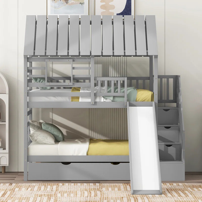 Harper Orchard Twin Over Twin House Bunk Bed With Trundle And Slide