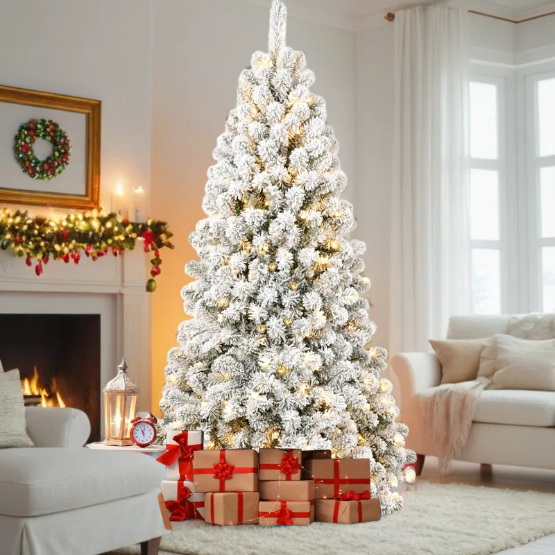The Holiday Aisle® Pre-lit Artificial Christmas Tree Snow Flocked Holiday Christmas Tree with Metal Stand | Wayfair