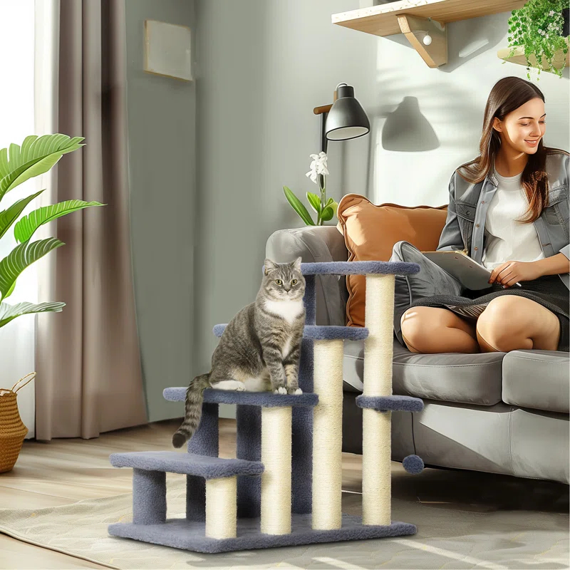 4 Levels Cat Steps, Pet Stairs Carpeted Ladder, Kitten Tree Climber With Scratching Posts, Hanging Play Ball, Side Step, For High Bed, Sofa, Gray