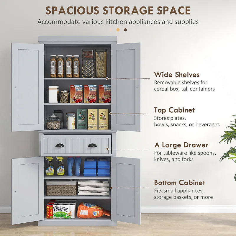 Lark Manor™ 72" Kitchen Pantry Cabinet, Freestanding Tall Storage Cabinet, Traditional Kitchen Cabinet With 4 Doors, Drawer And 3 Adjustable Shelves For Dining Room