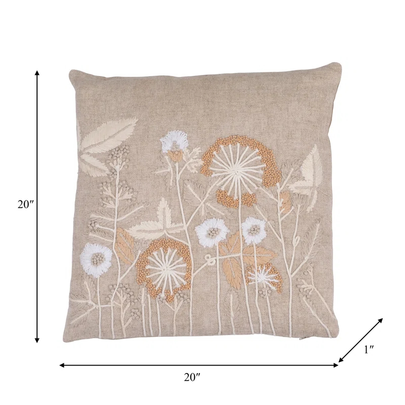 Sagebrook Home Cotton, Wild Flowers, Hand Embroidery Decorative Pillow, Brown, Soft and Cozy Cushion