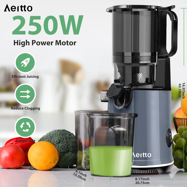 Aeitto Aeitto 250W Masticating Juicer, Cold Press with 5.3" Feed Chute & 1.7L Capacity, Easy to Clean, High Juice Yield