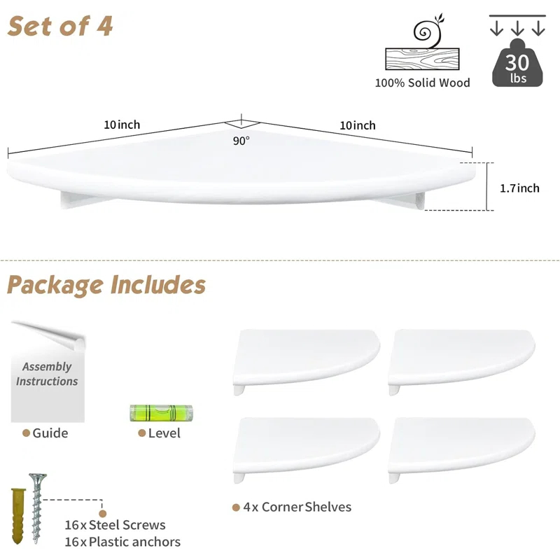 Latitude Run® White Corner Floating Shelves For Wall Set Of 4, Rounded Corner Shelves Wall Mounted,Small Spaces