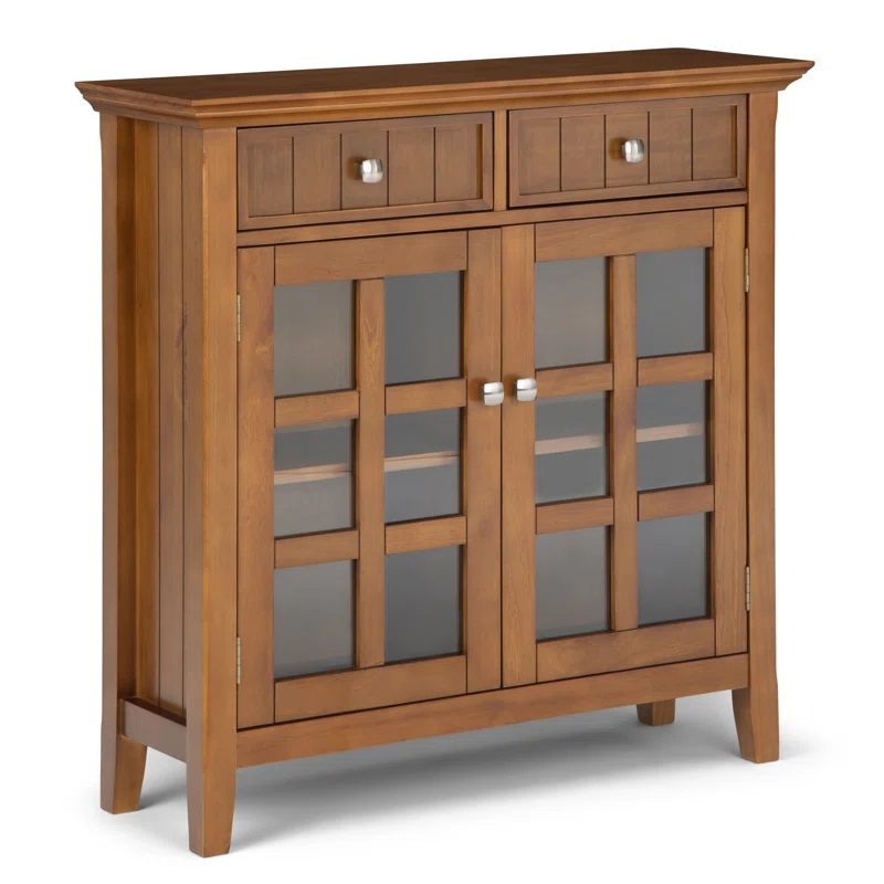 Simpli Home Acadian 36"W Solid Wood 2-Shelf Entryway Storage Cabinet with Glass Doors and 2 Drawers
